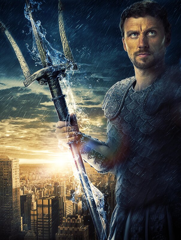 Man Holding Trident — Blue, Dramatic