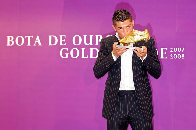Man Holding Trophy — Purple, Celebratory