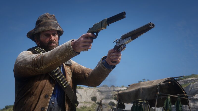 Man Holding Two Guns — Brown, Dramatic, Afternoon