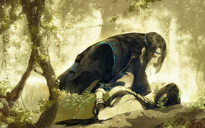Man Holding Woman in Forest