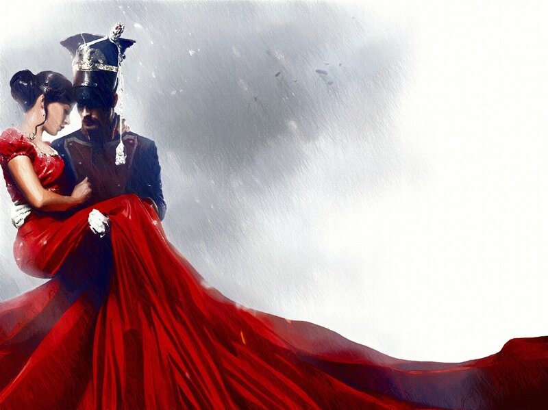 Man Holding Woman in Red Dress — Dramatic, Digital Art