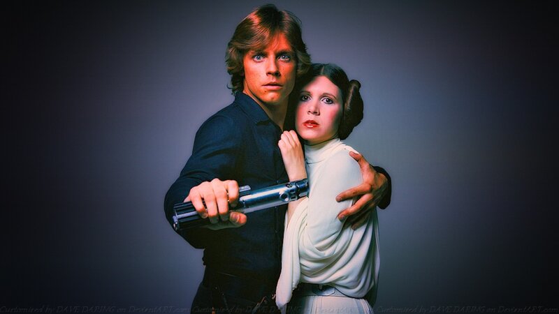 Man Holding Woman with Lightsaber
