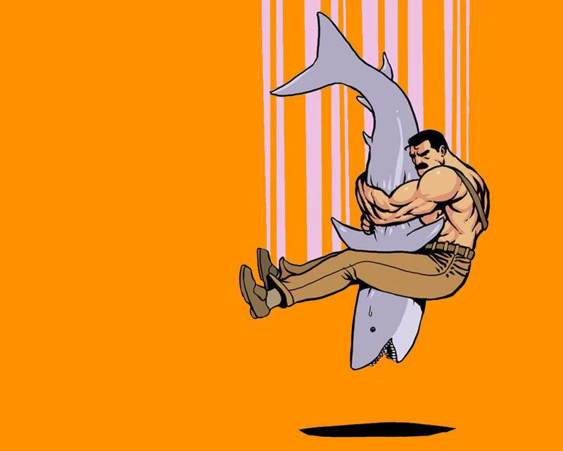 man hugging a shark