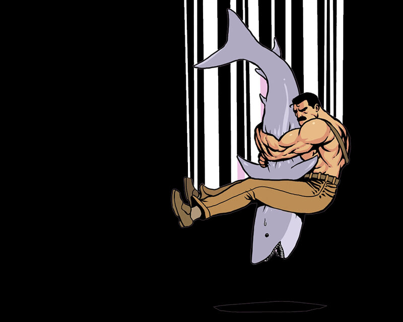 man hugging shark