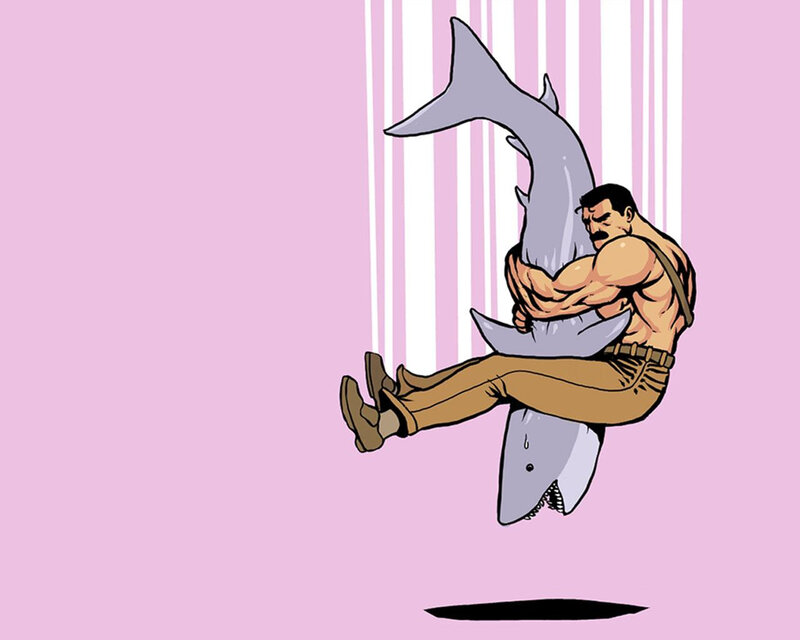 man hugging shark