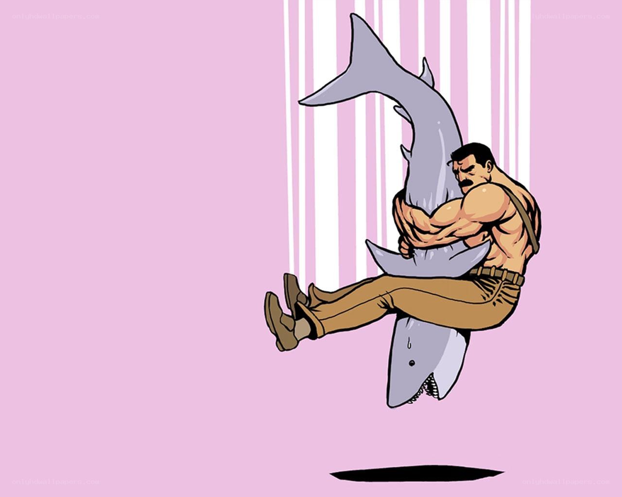 man hugging shark