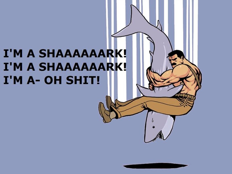 man hugging shark