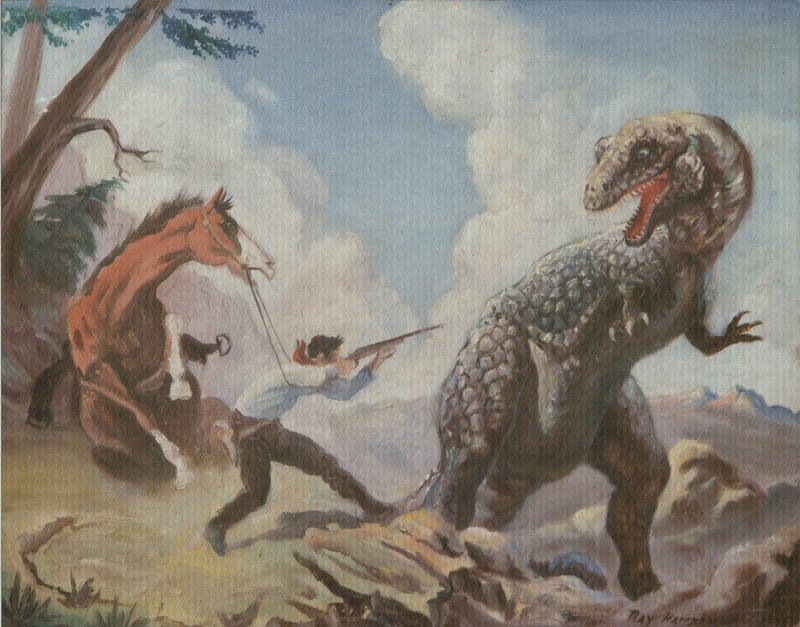 Man hunting dinosaur with rifle
