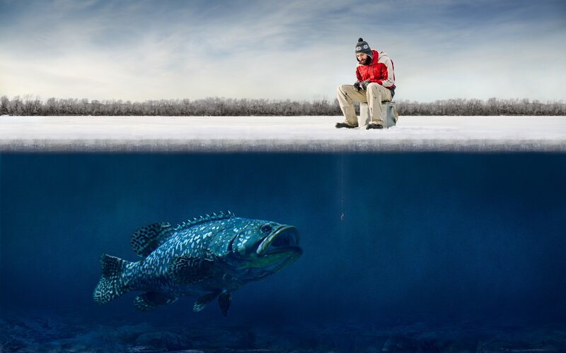 Man Ice Fishing — Blue