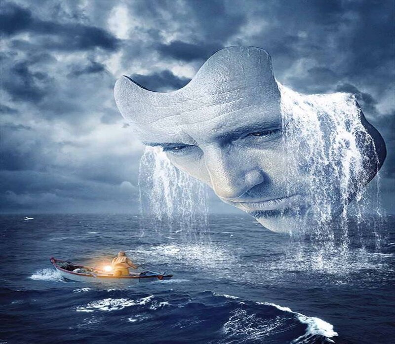 Man in a Boat — Blue, Dramatic, Digital Art, Face