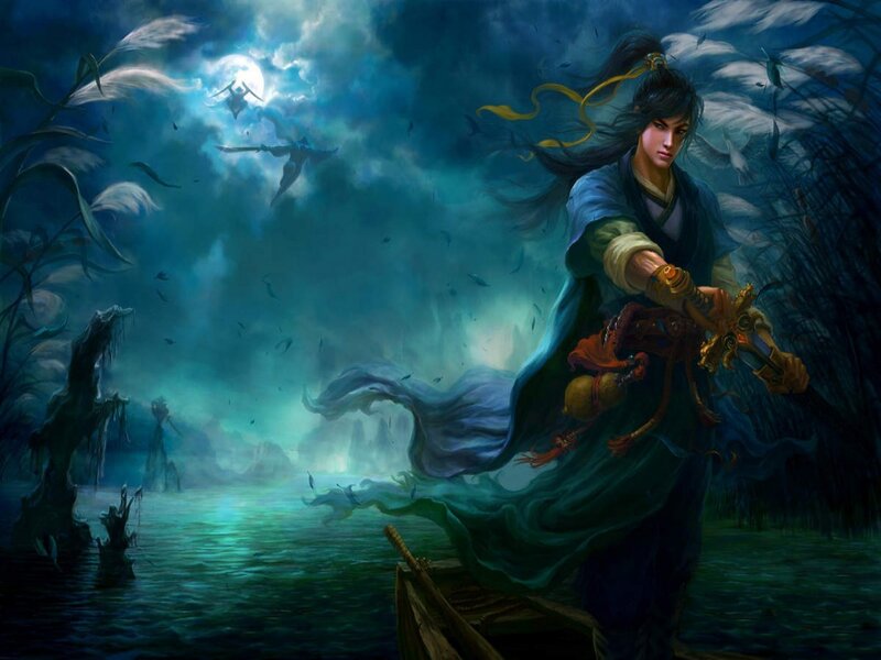 Man in a Boat — Blue, Dramatic, Night, Digital Art