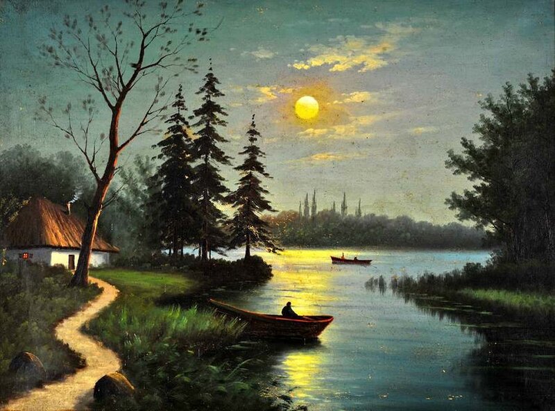 Man in a Boat — Green, Serene, Night