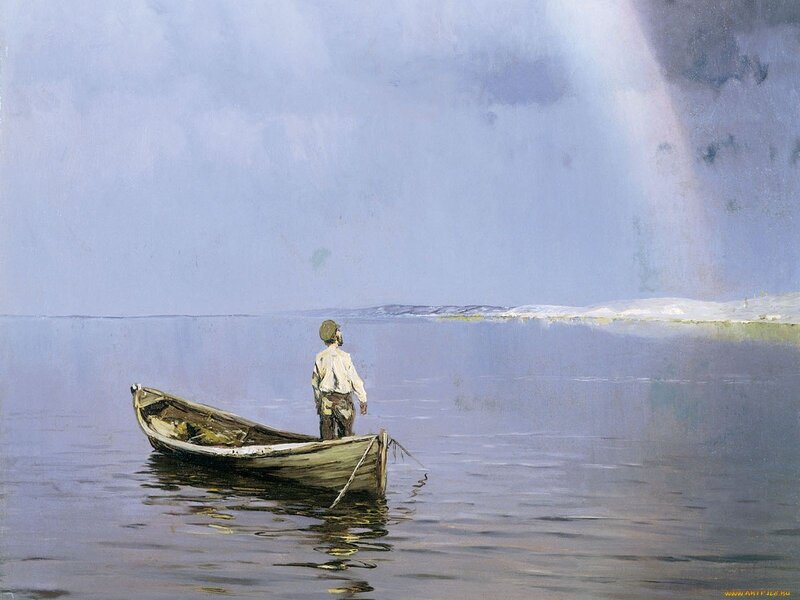 Man in a boat on calm water