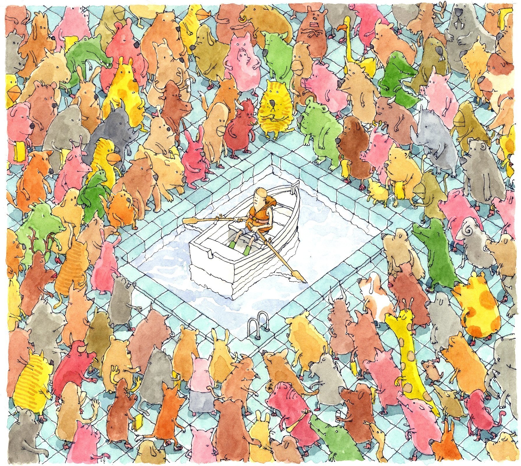 Man in a boat surrounded by animals