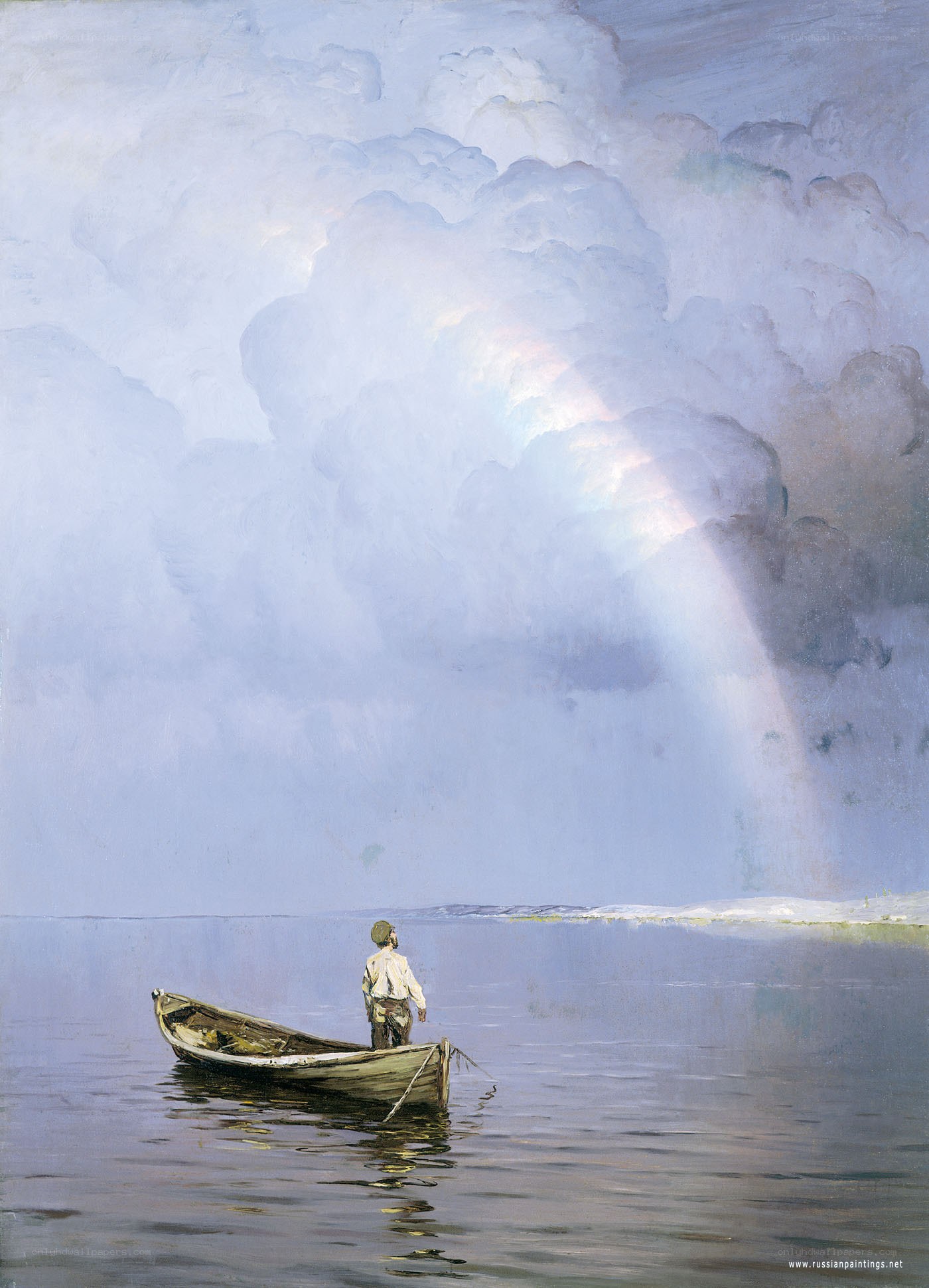 Man in a boat under a rainbow