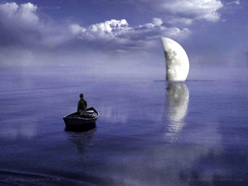 Man in a boat with moon