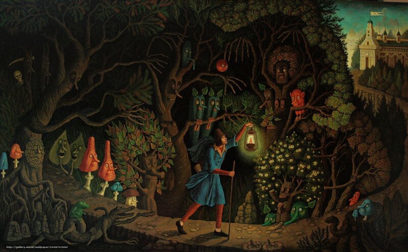 Man in a forest with creatures