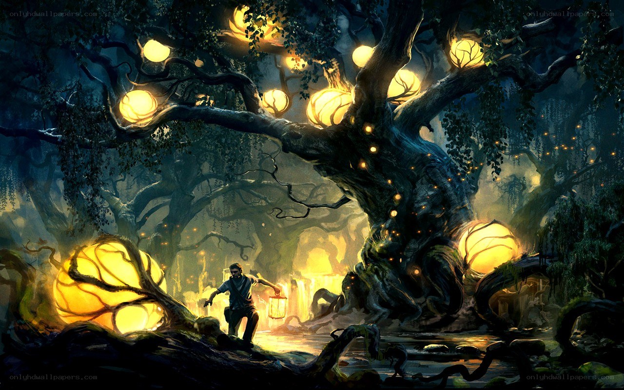 Man in a glowing forest