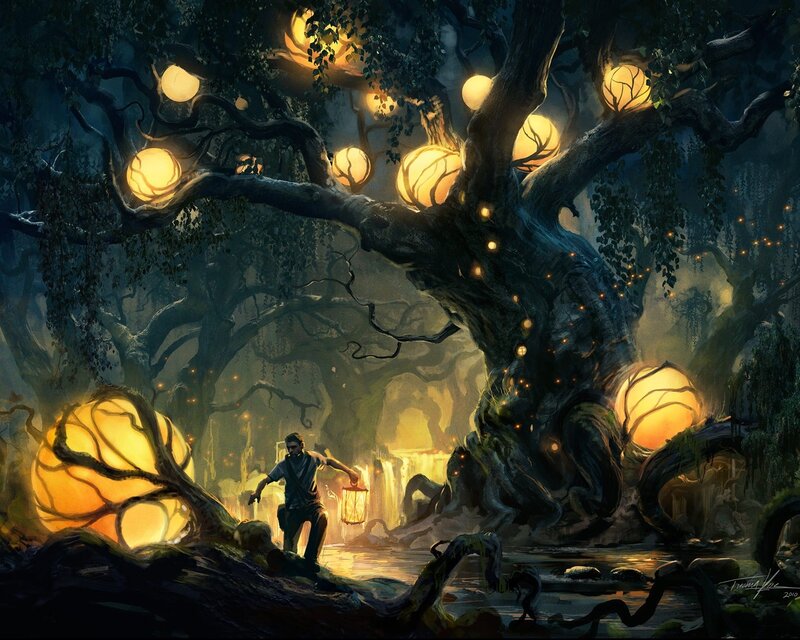Man in a glowing forest