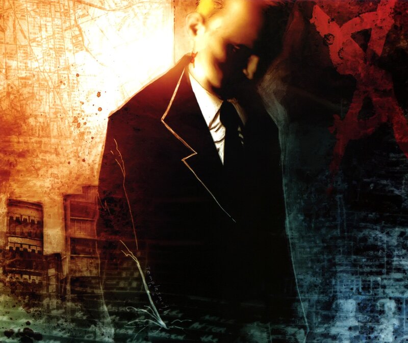 Man in a Suit — Black, Dramatic, Digital Art, Cityscape