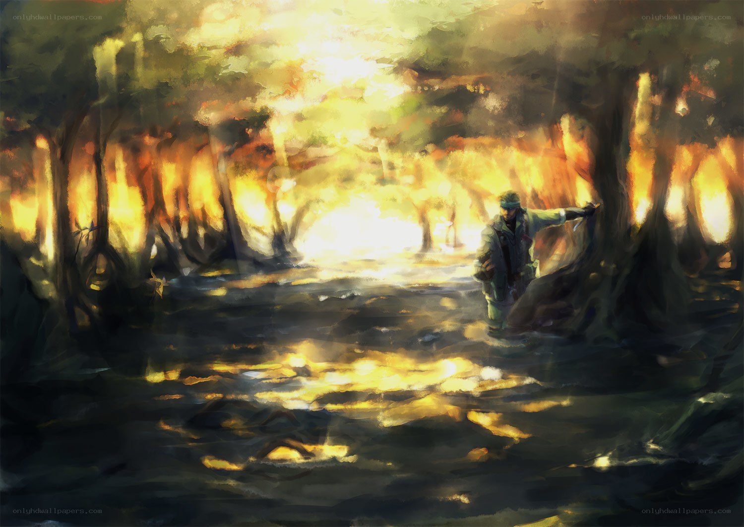 Man in a swamp at sunset
