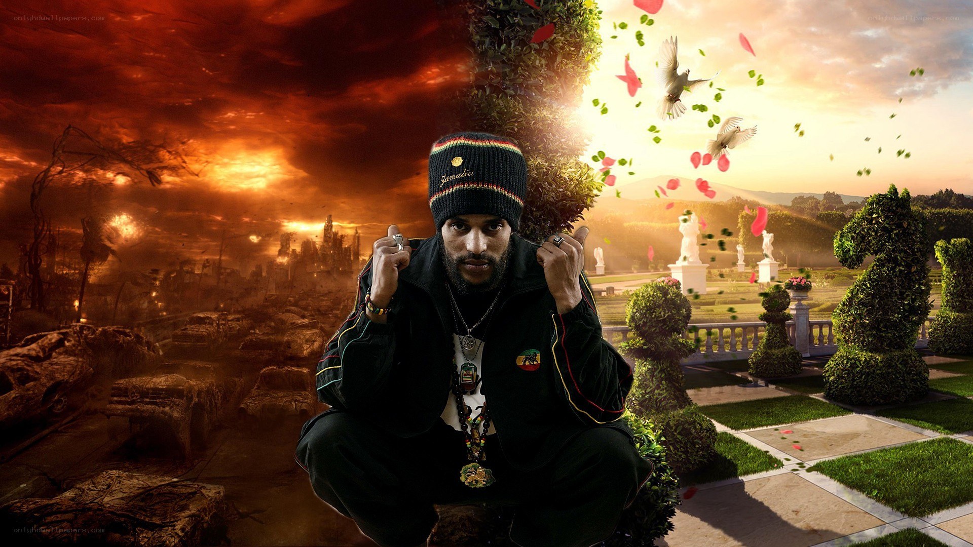 Man in apocalyptic garden