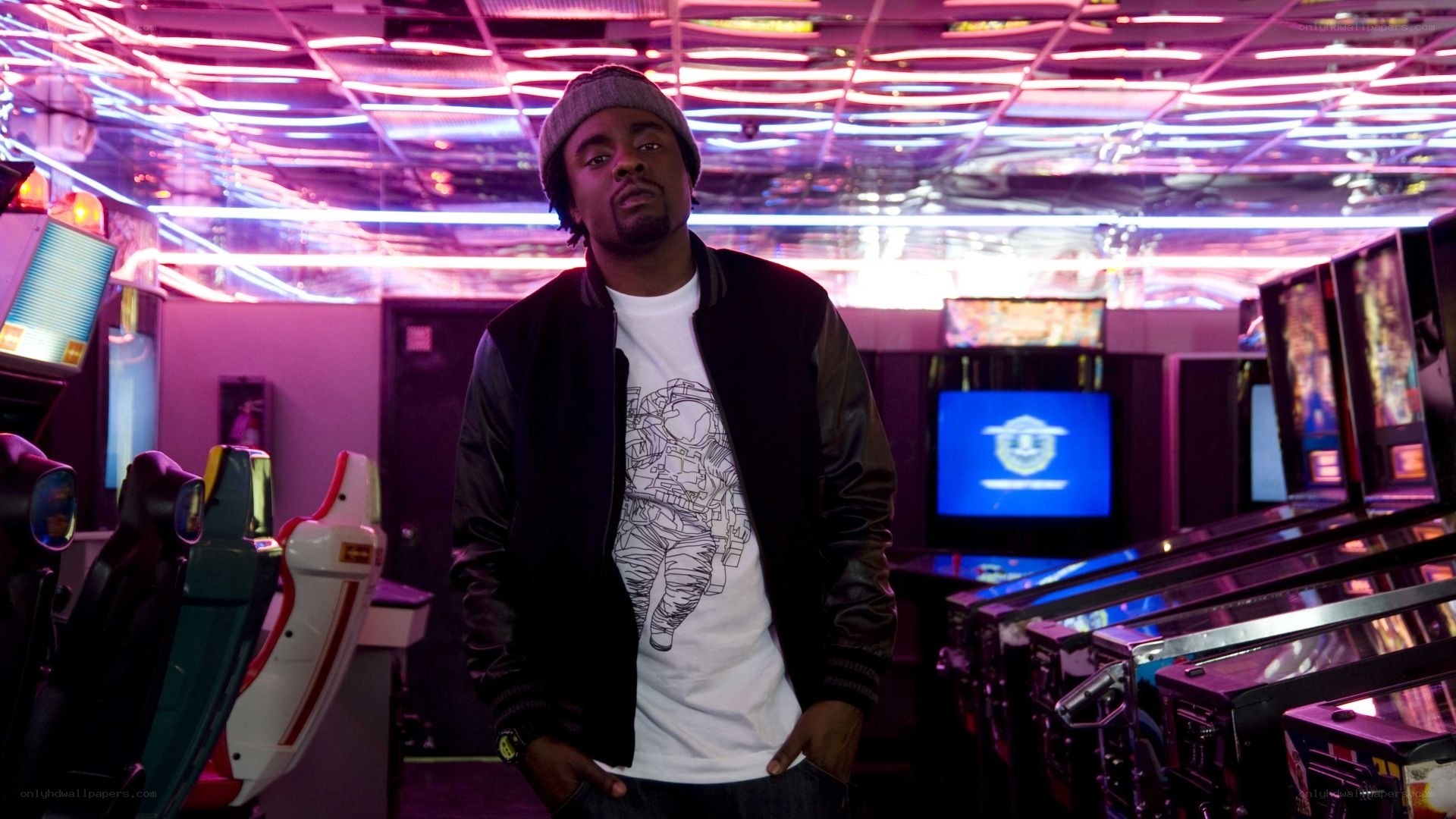 Man in arcade with neon lights