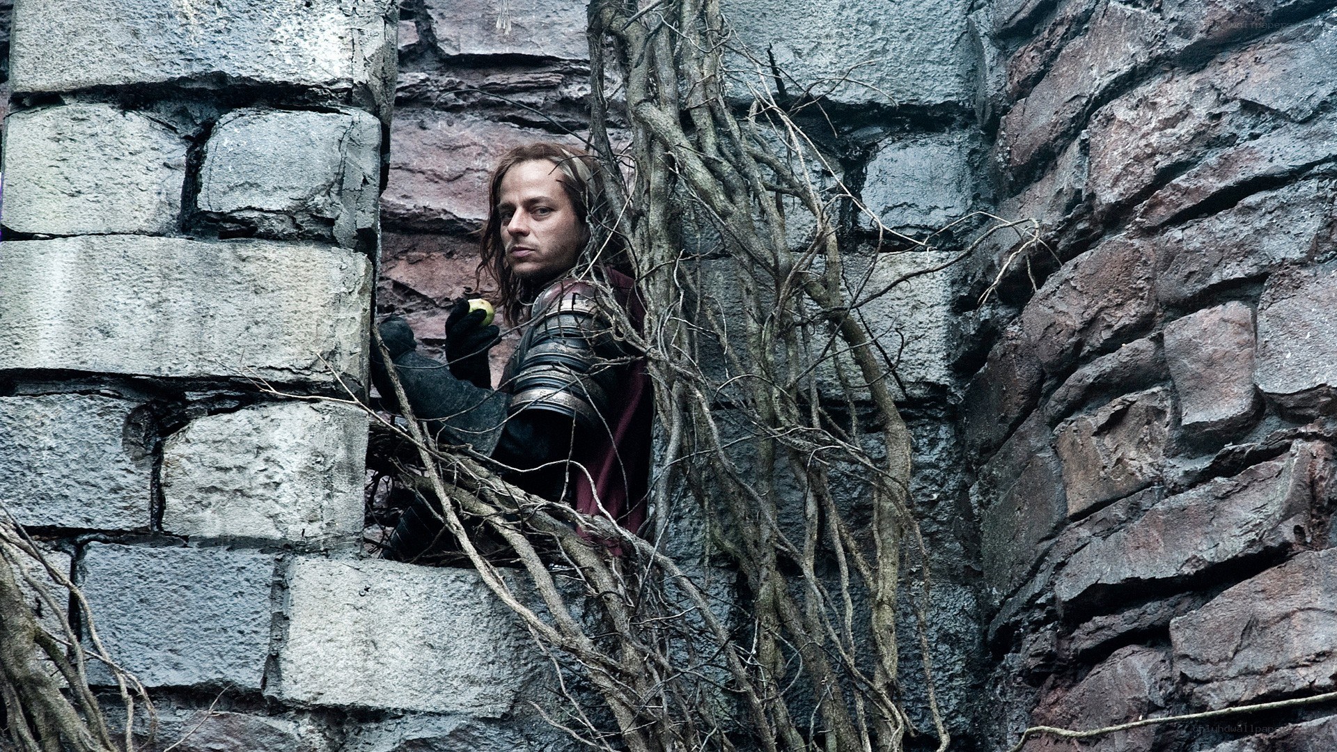 man in armor behind vines