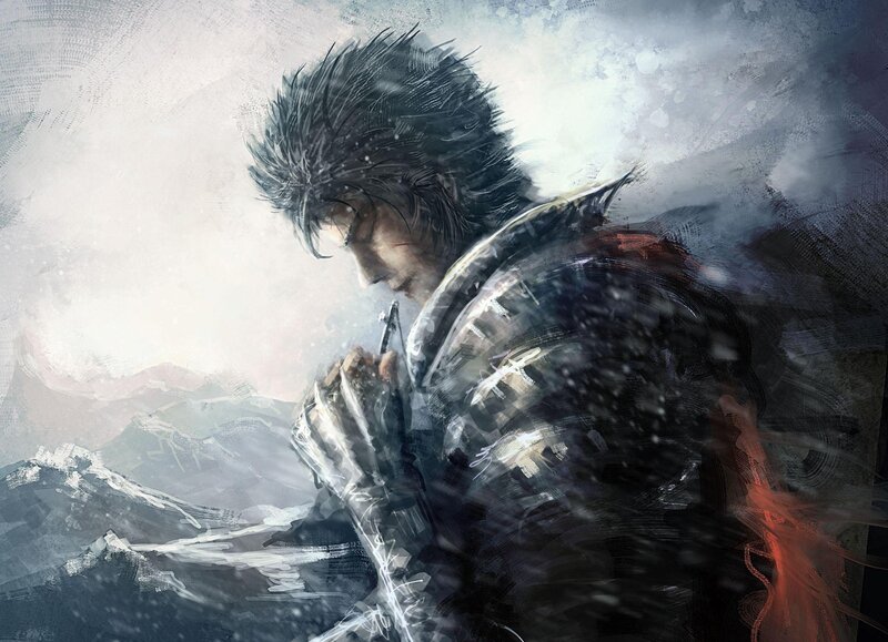 Man in Armor Holding Sword — Gray, Dramatic, Winter