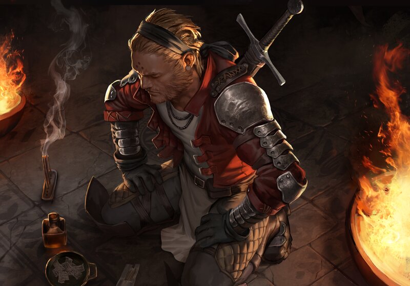 Man in Armor Kneeling — Brown, Dramatic