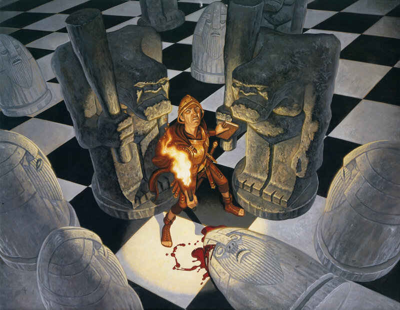 Man in Armor Surrounded by Stone Figures
