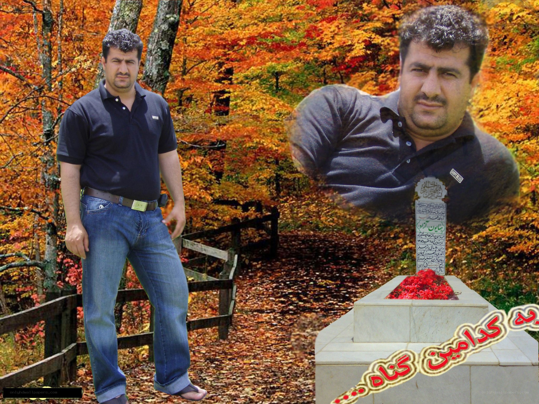 Man in autumn forest with tombstone