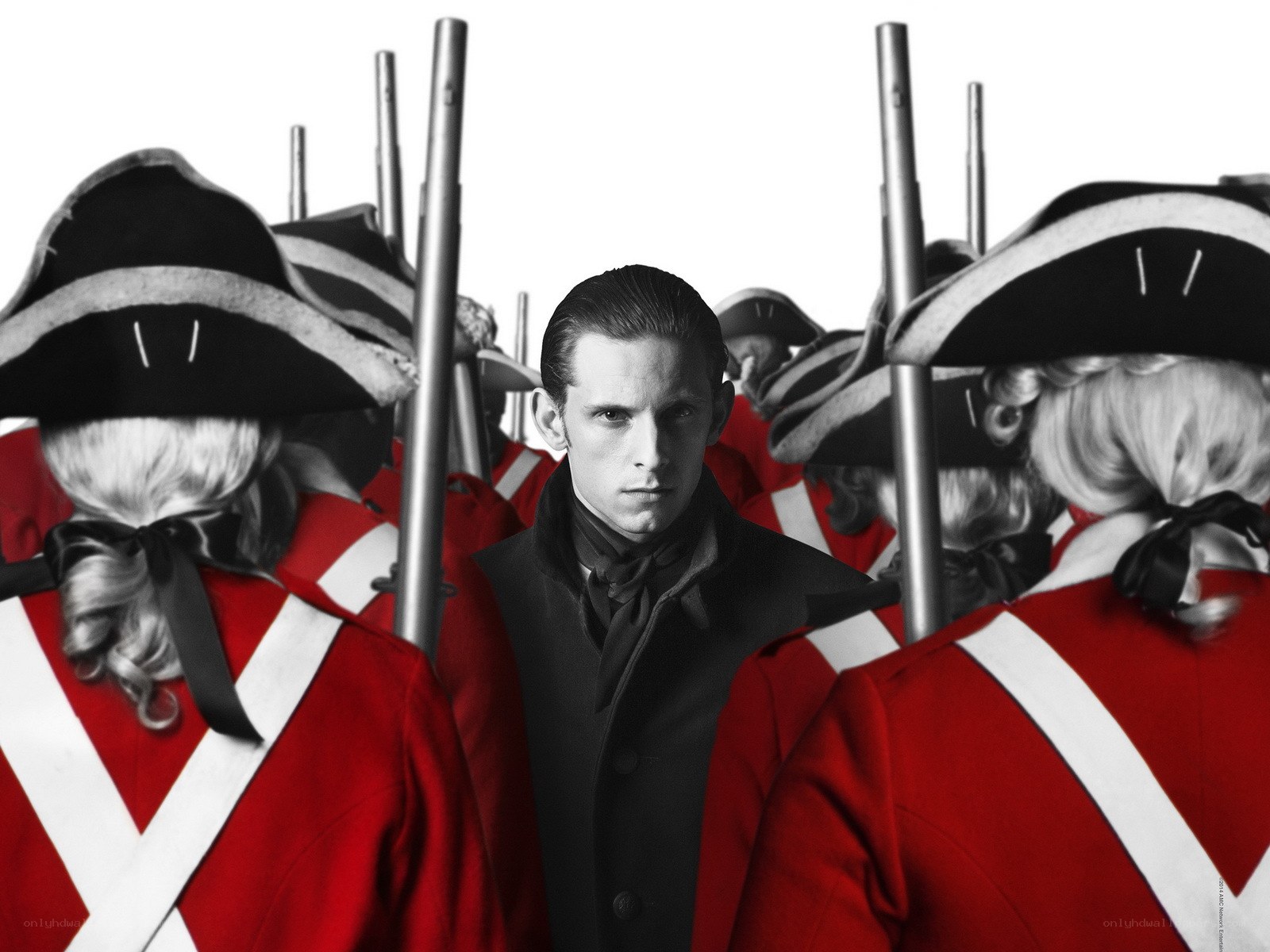 Man in black coat surrounded by soldiers