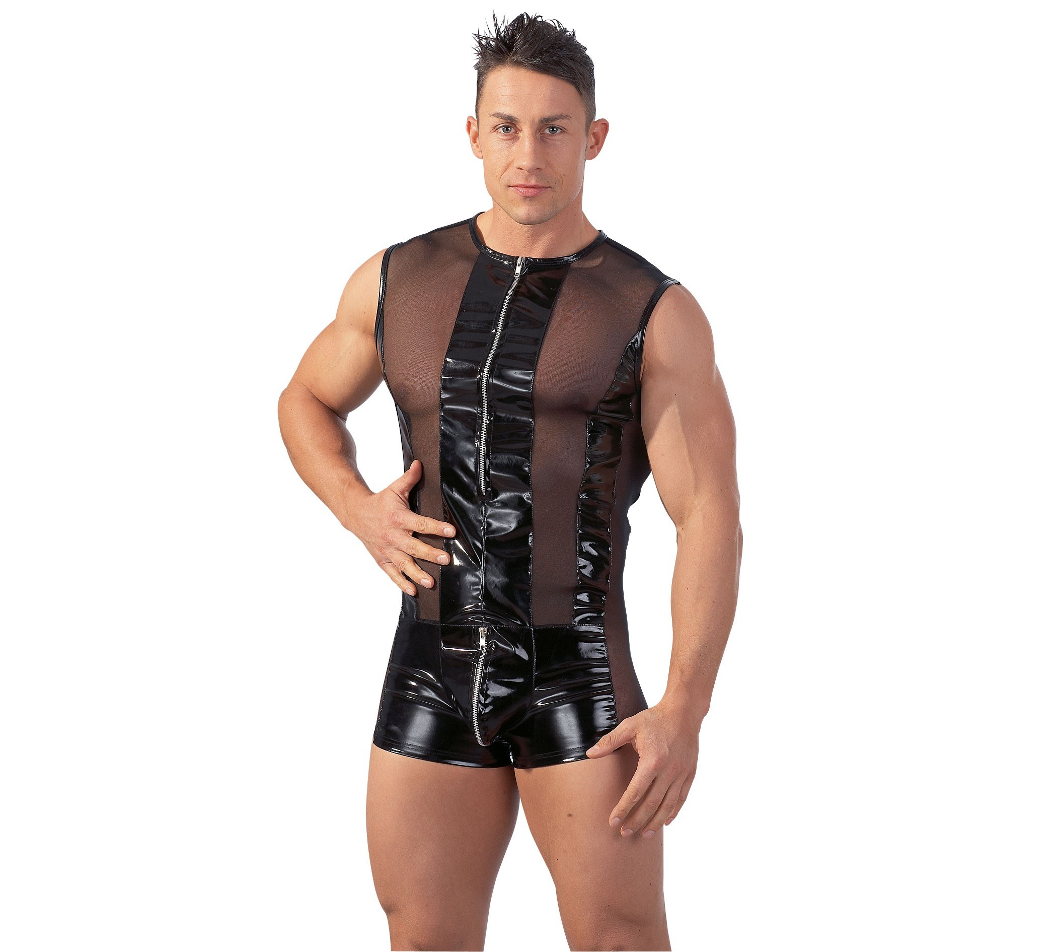 man in black latex bodysuit