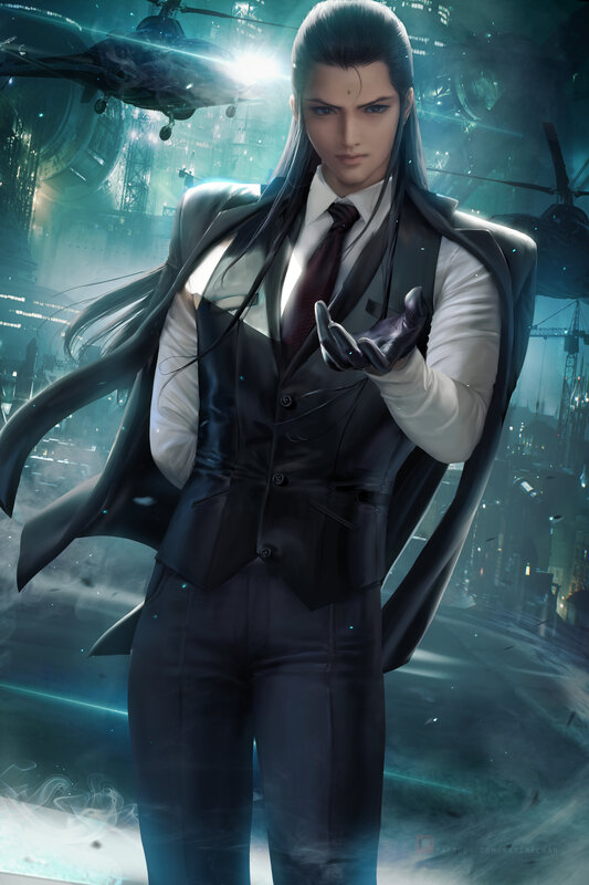 Man in Black Suit — Dramatic, Night, Digital Art, Helicopter