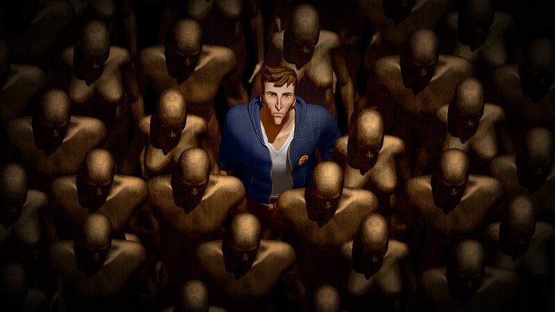 man in blue jacket surrounded by crowd