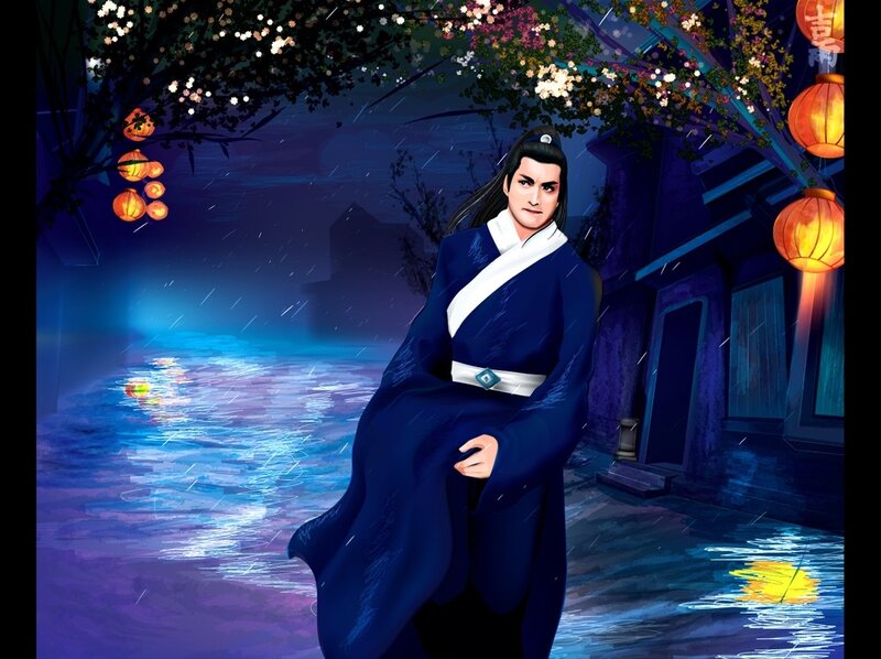 Man in blue robe on a rainy night