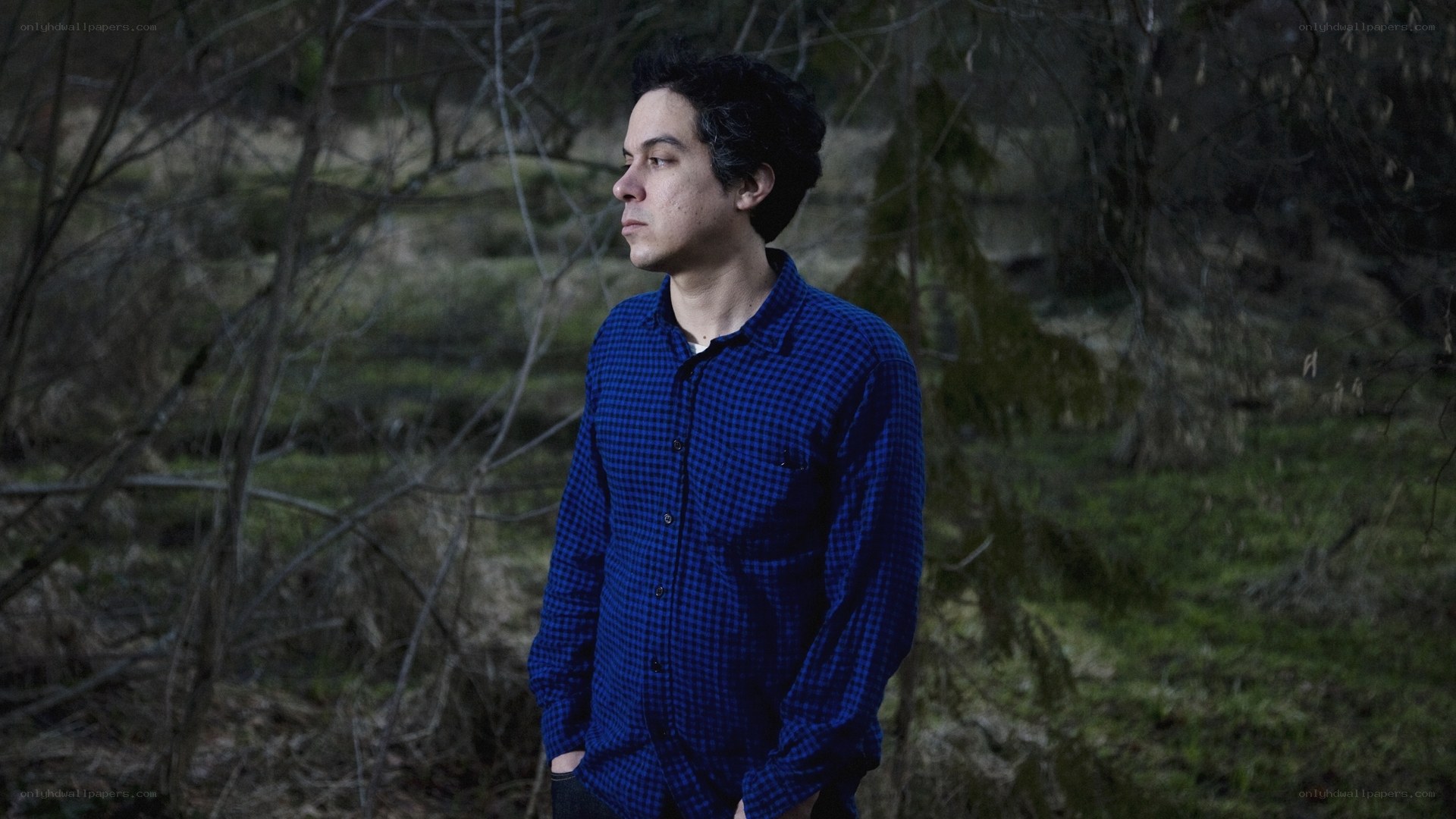 Man in blue shirt in forest
