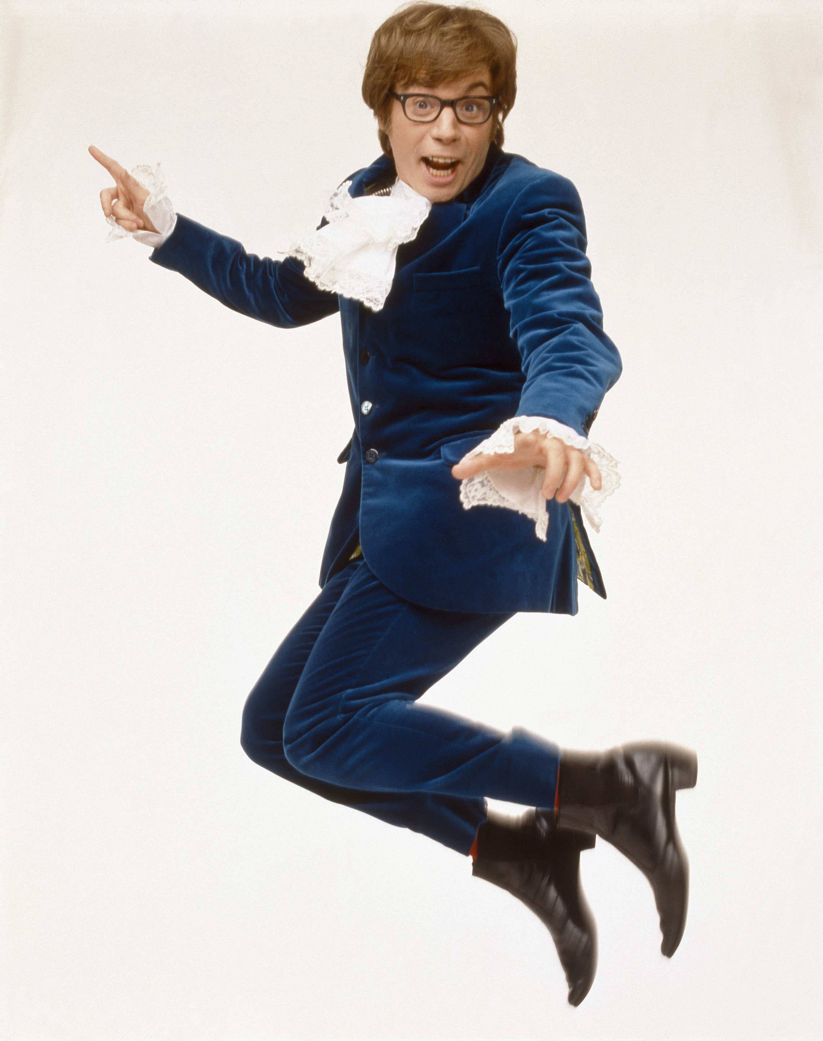 Man in blue suit jumping