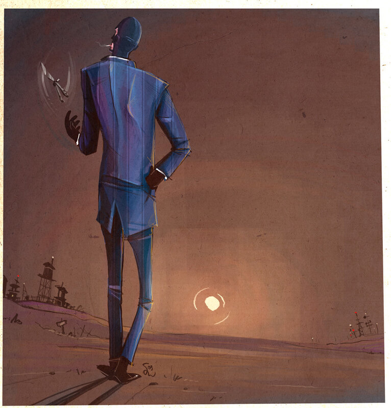man in blue suit with knife