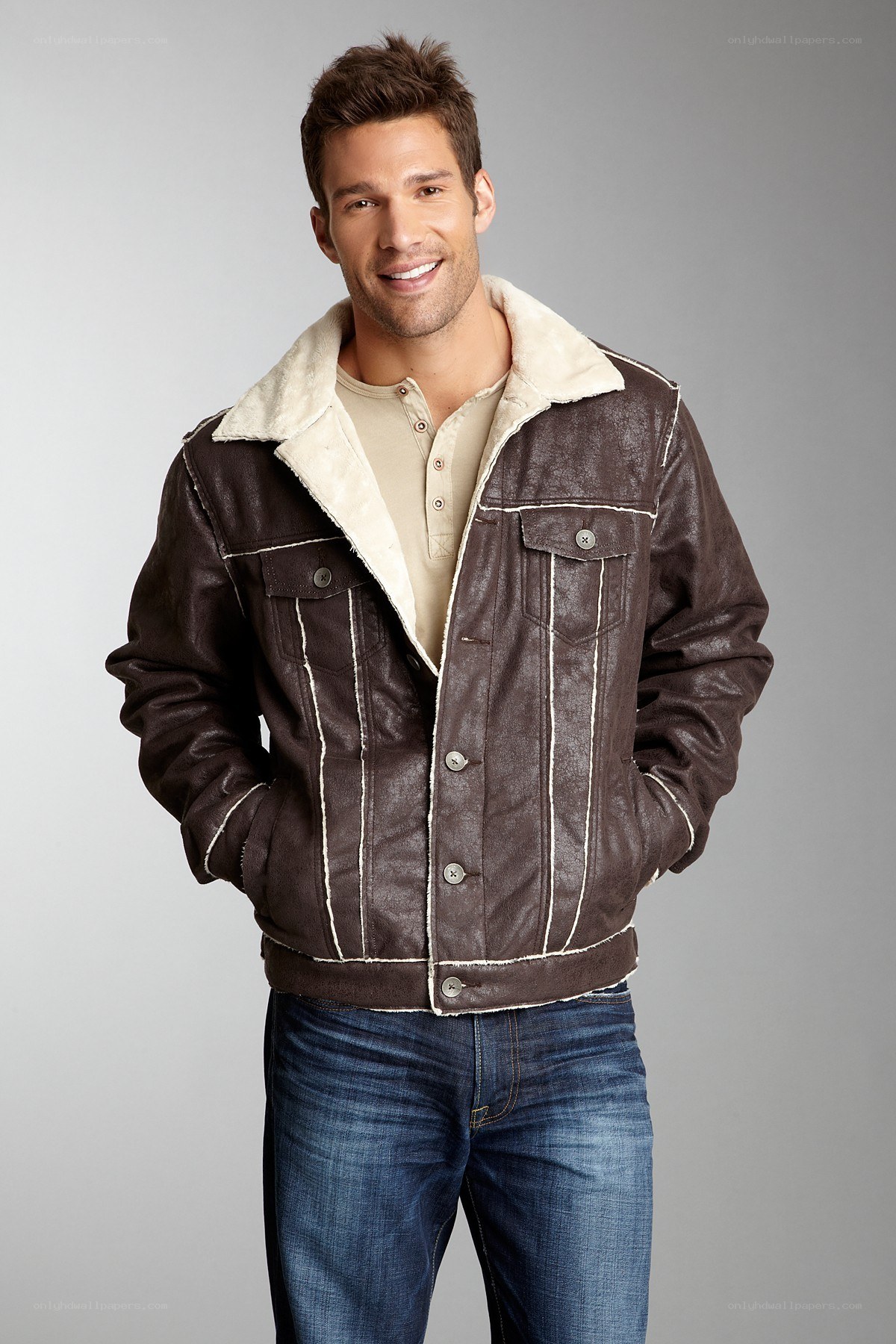 man in brown shearling jacket