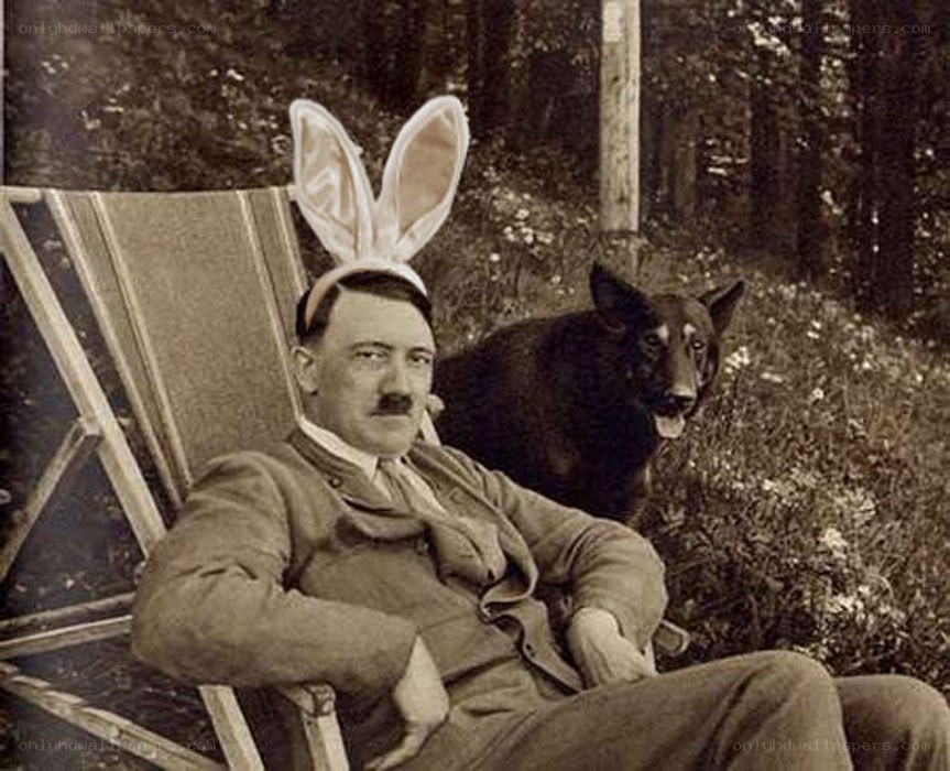 Man in bunny ears with dog