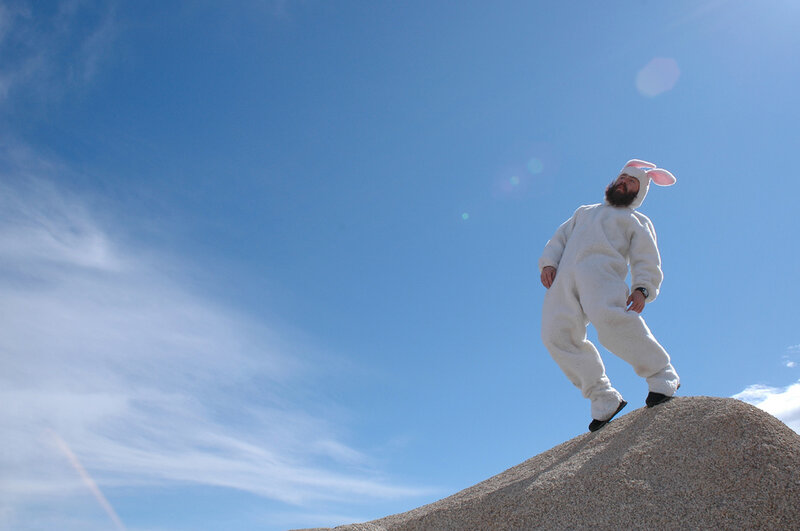 Man in bunny suit on hill