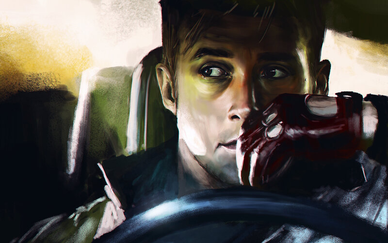 man in car with red glove