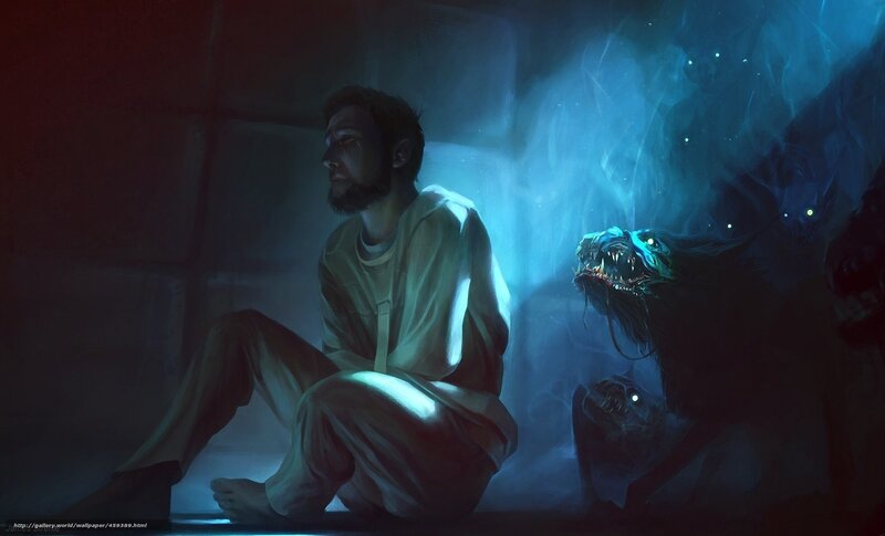 man in cell with monster