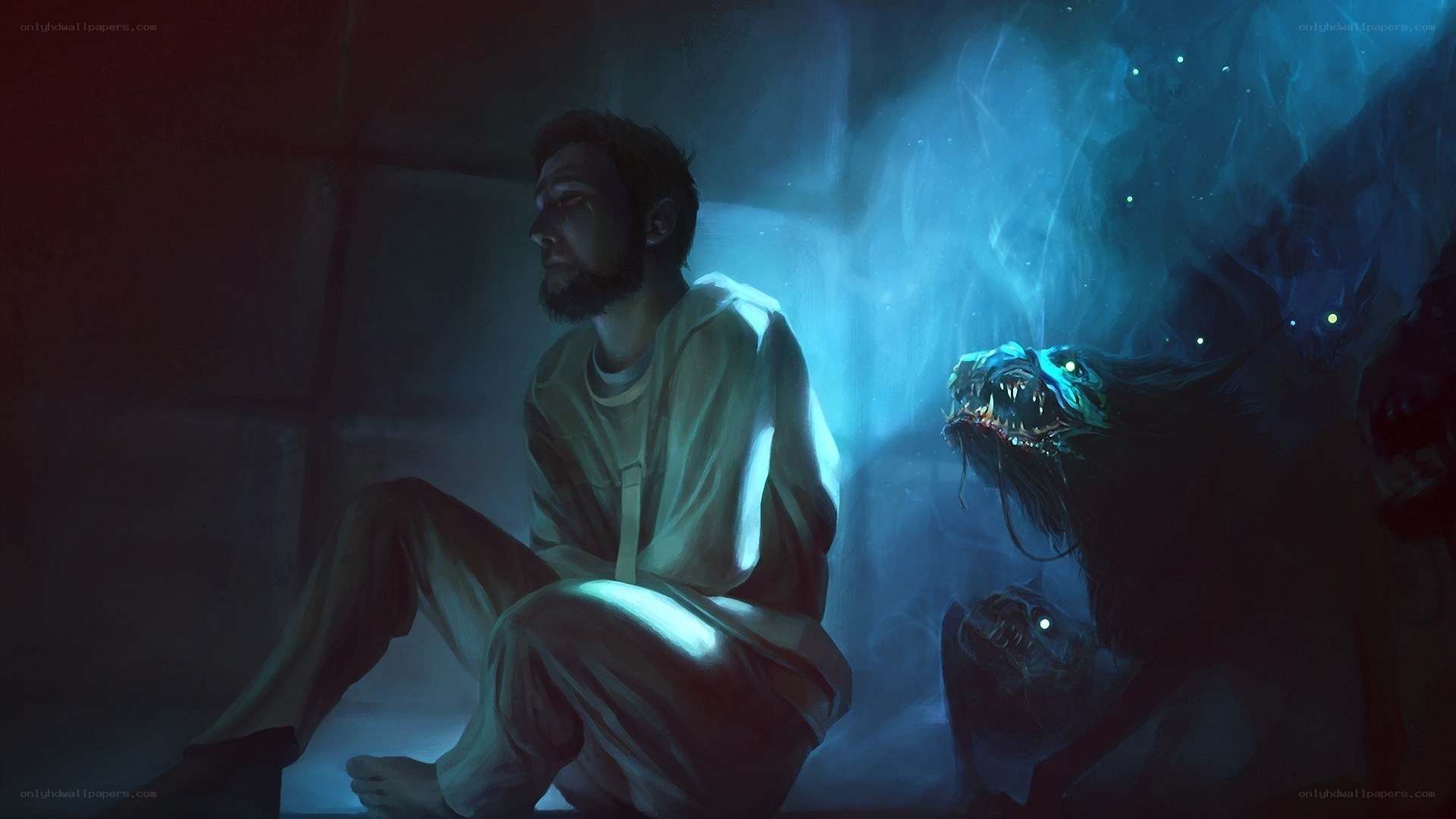 man in cell with monsters