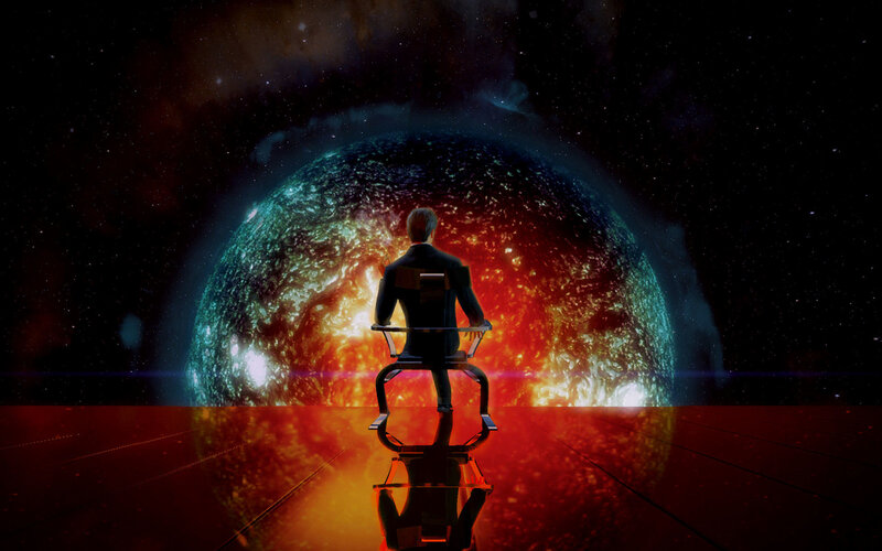 man in chair facing planet