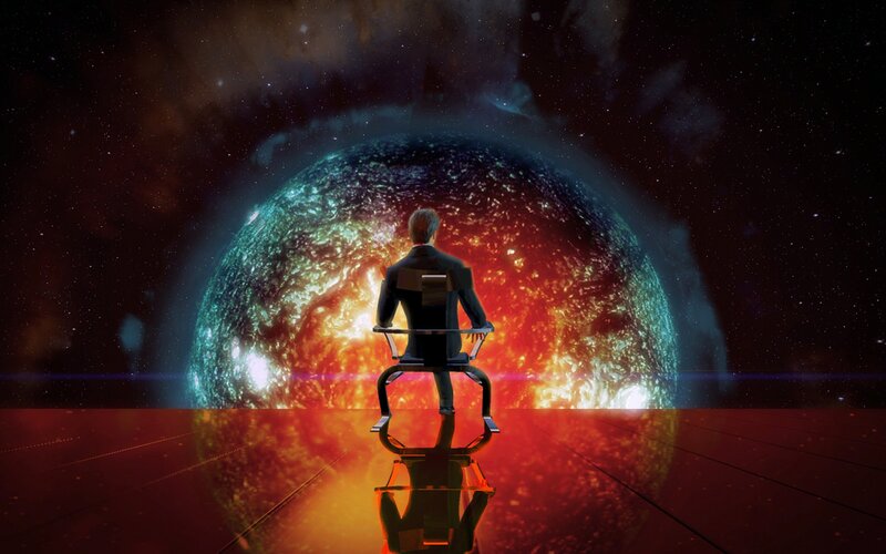 Man in Chair Facing Planet — Red, Dramatic