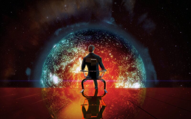 Man in Chair Facing Planet — Red