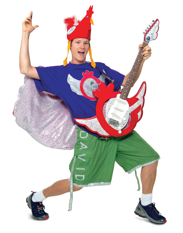 Man in chicken costume with guitar